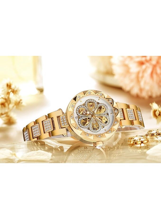 FORSINING Women Automatic Mechanical Watches Skeleton Steampunk Watch with Diamond and Carving Flower Craft Cold Watch for Women Minimalist Retro Design Mechanical Skeleton Wrist Watch - Image 2